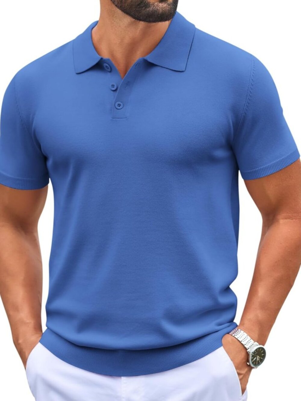 Mens Blue Knit Polo Shirts Casual Short Sleeve Button Down Golf Tee Classic